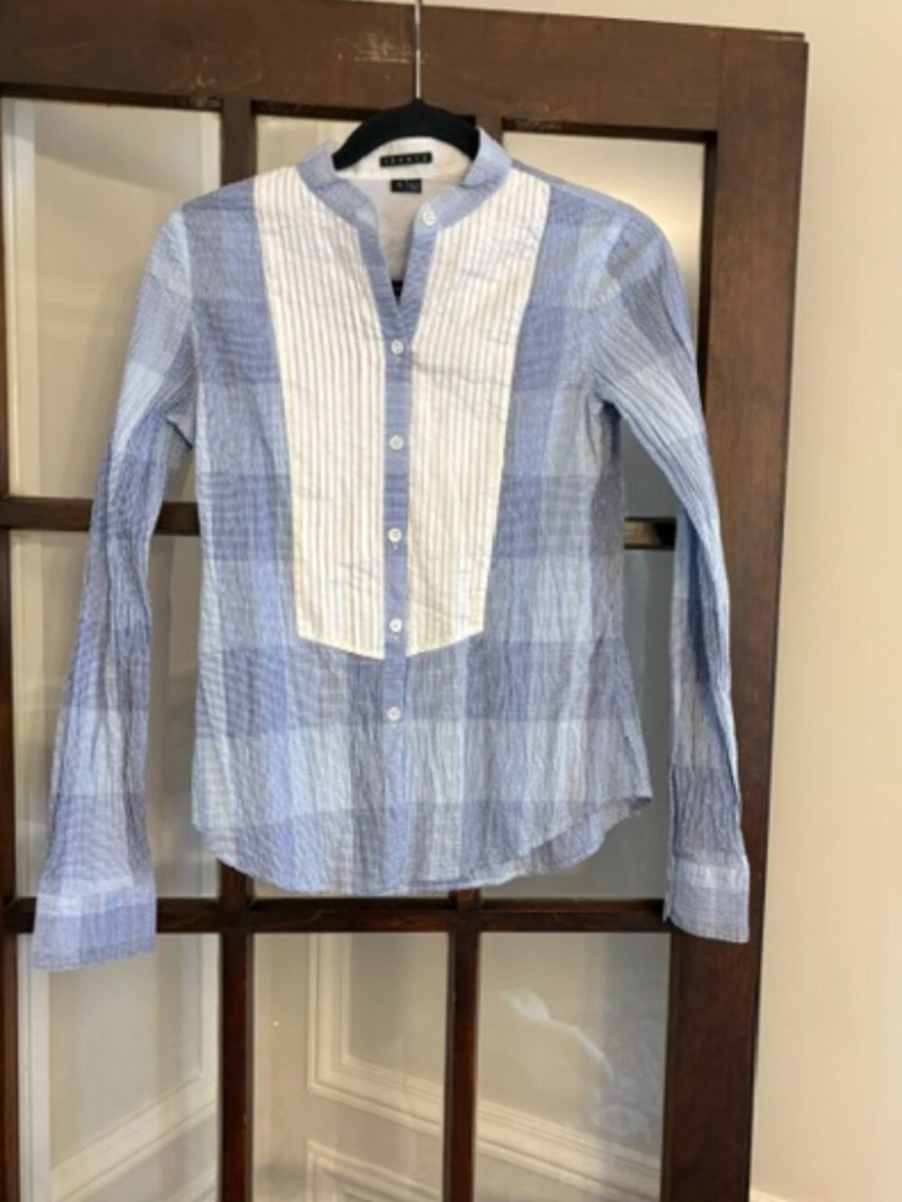Theory Blue Gingham Blouse with White Bib, Size Small